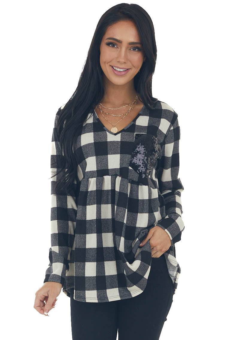 Black Buffalo Plaid Babydoll Sequin Top 