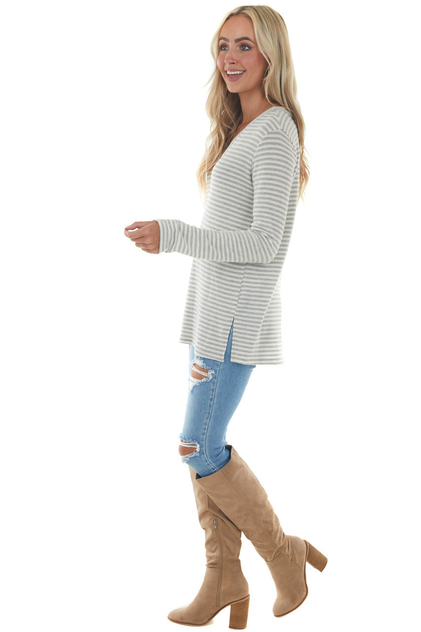 Dove Grey Striped Brushed Knit Button Top