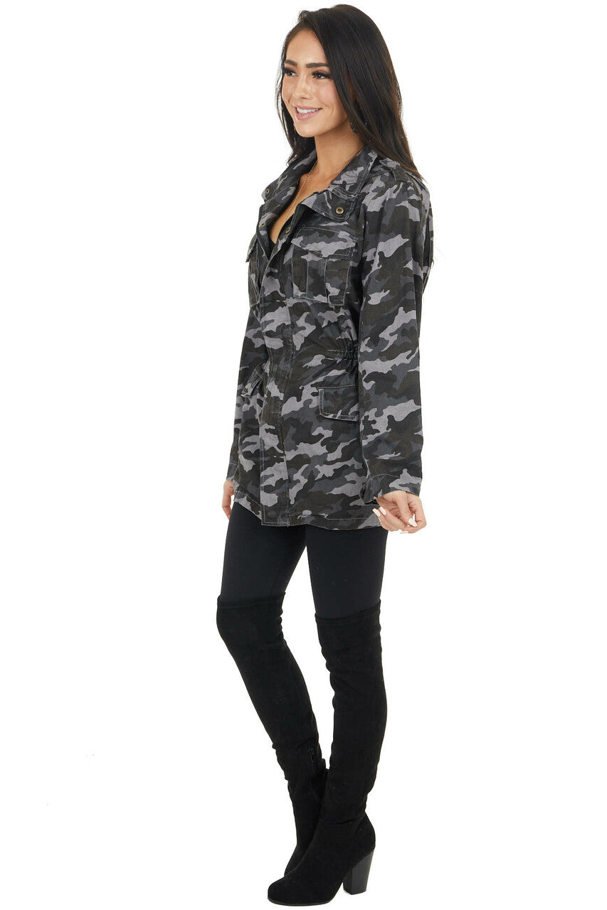 Charcoal Grey Camo Print Cargo Jacket with Pockets