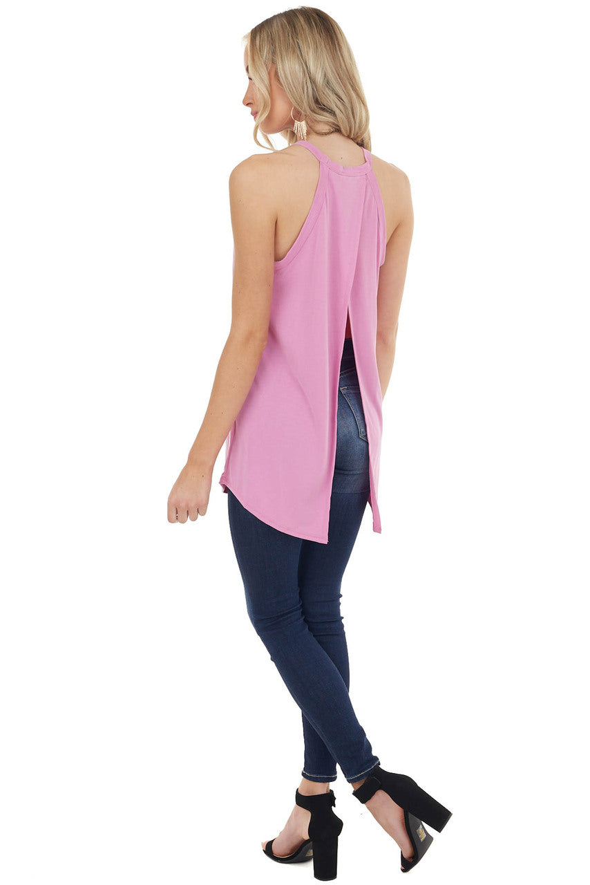 Light Magenta Sleeveless High Neck Top with Open Slit Back
