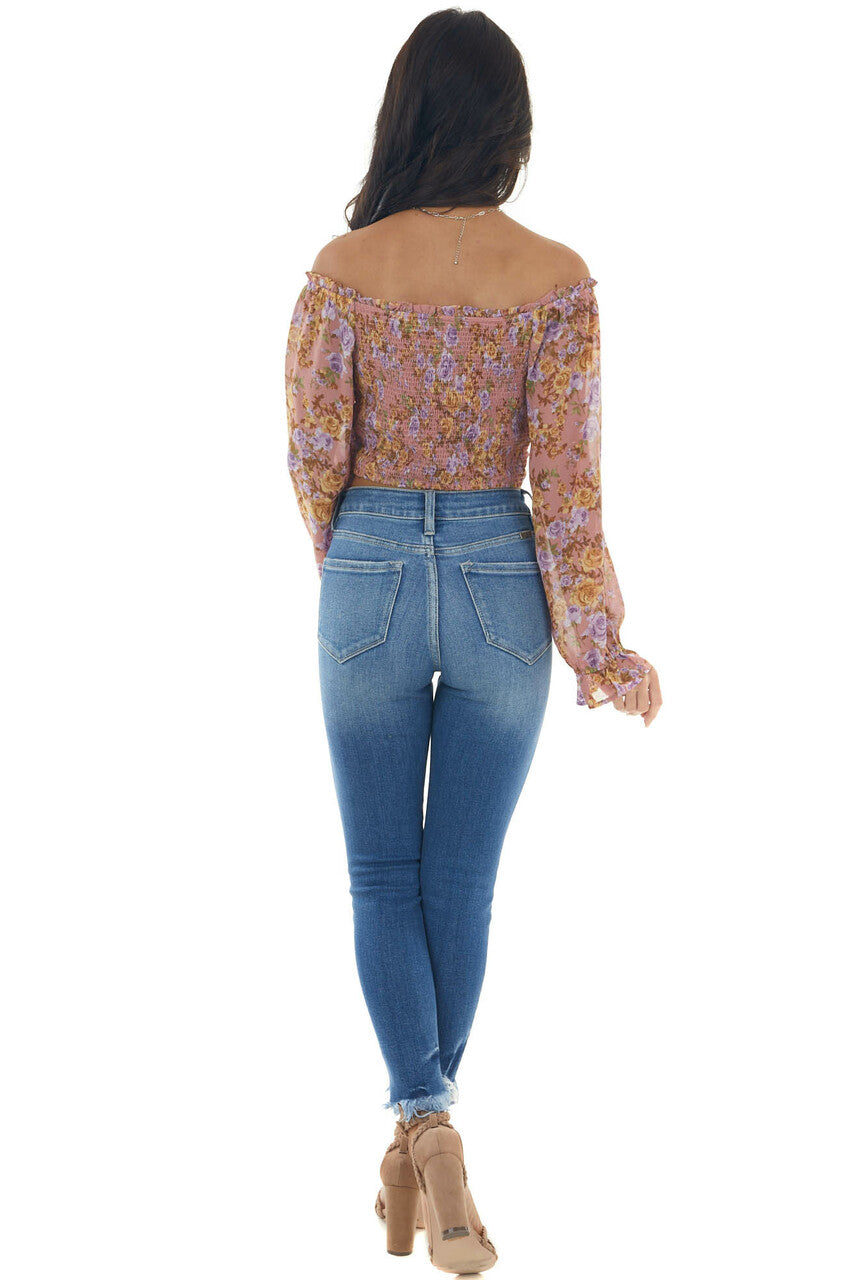 Dusty Rose Floral Print Ruched Front Crop Top