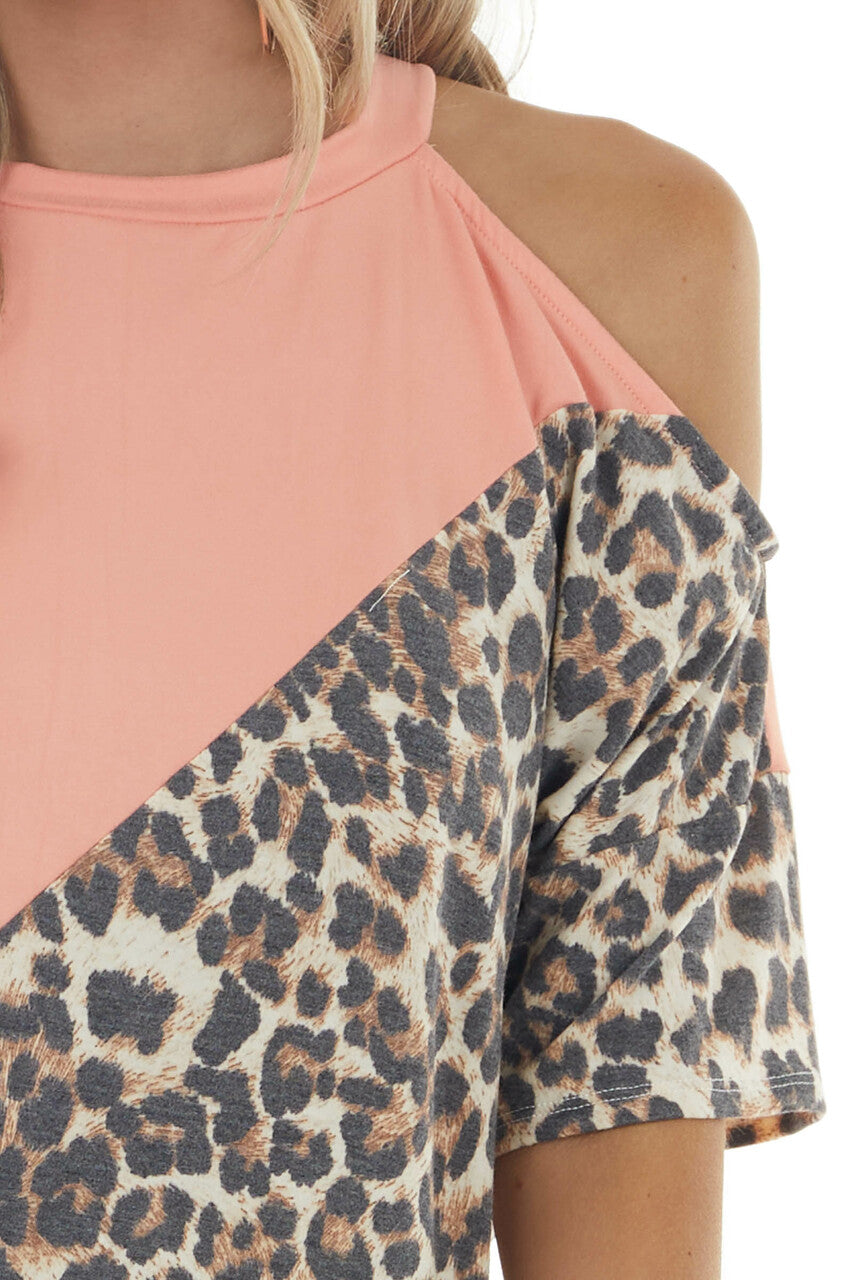 Dark Melon and Leopard Print Cold Shoulder Soft Knit Tee
