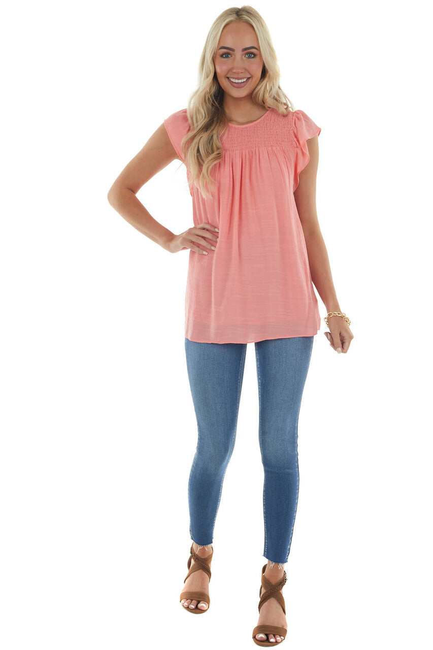 Coral Smocked Cap Sleeve Woven Blouse