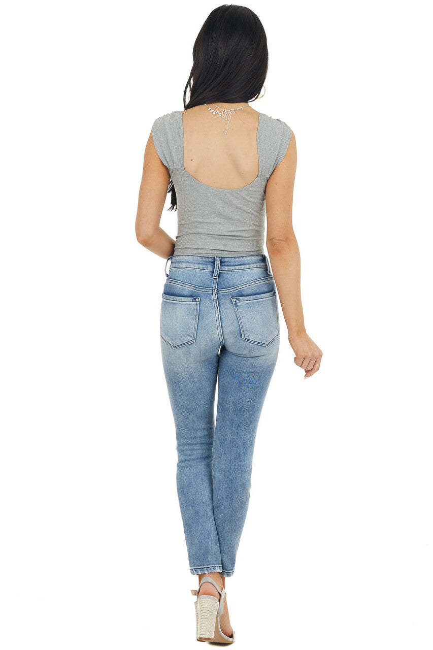 Dove Grey Ribbed Knit Cut Out Bodysuit with Ruching Detail 