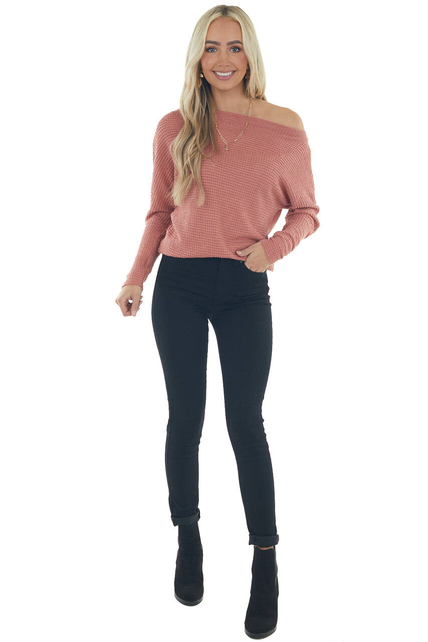 Dark Rose Waffle Knit Boat Neck Long Cuff Top 
