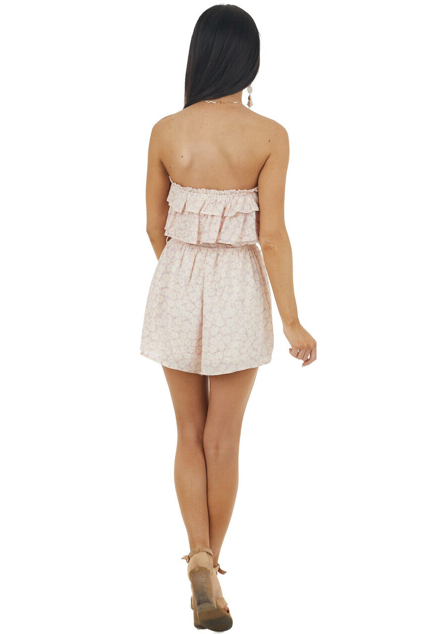 Baby Pink Floral Print Strapless Woven Romper with Front Tie