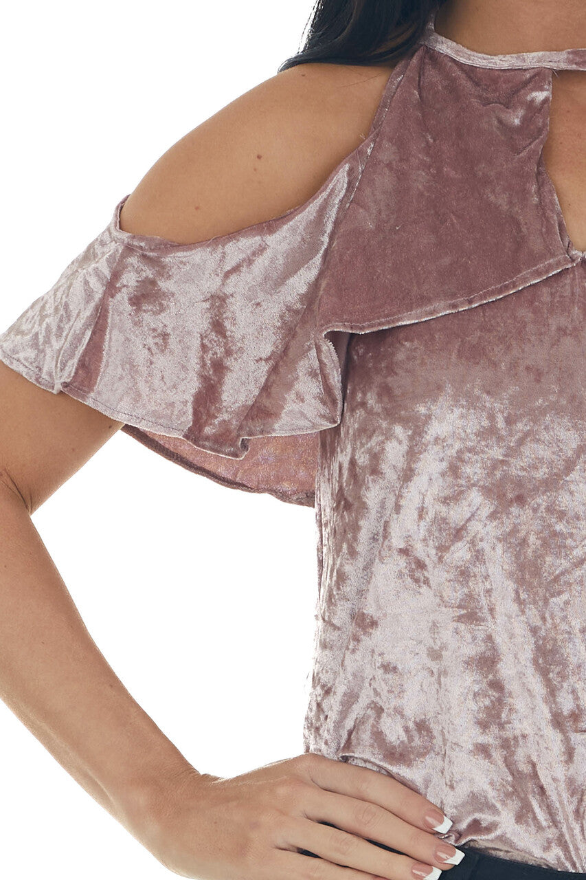 Dusty Rose Velvet Ruffle Cold Shoulder Top