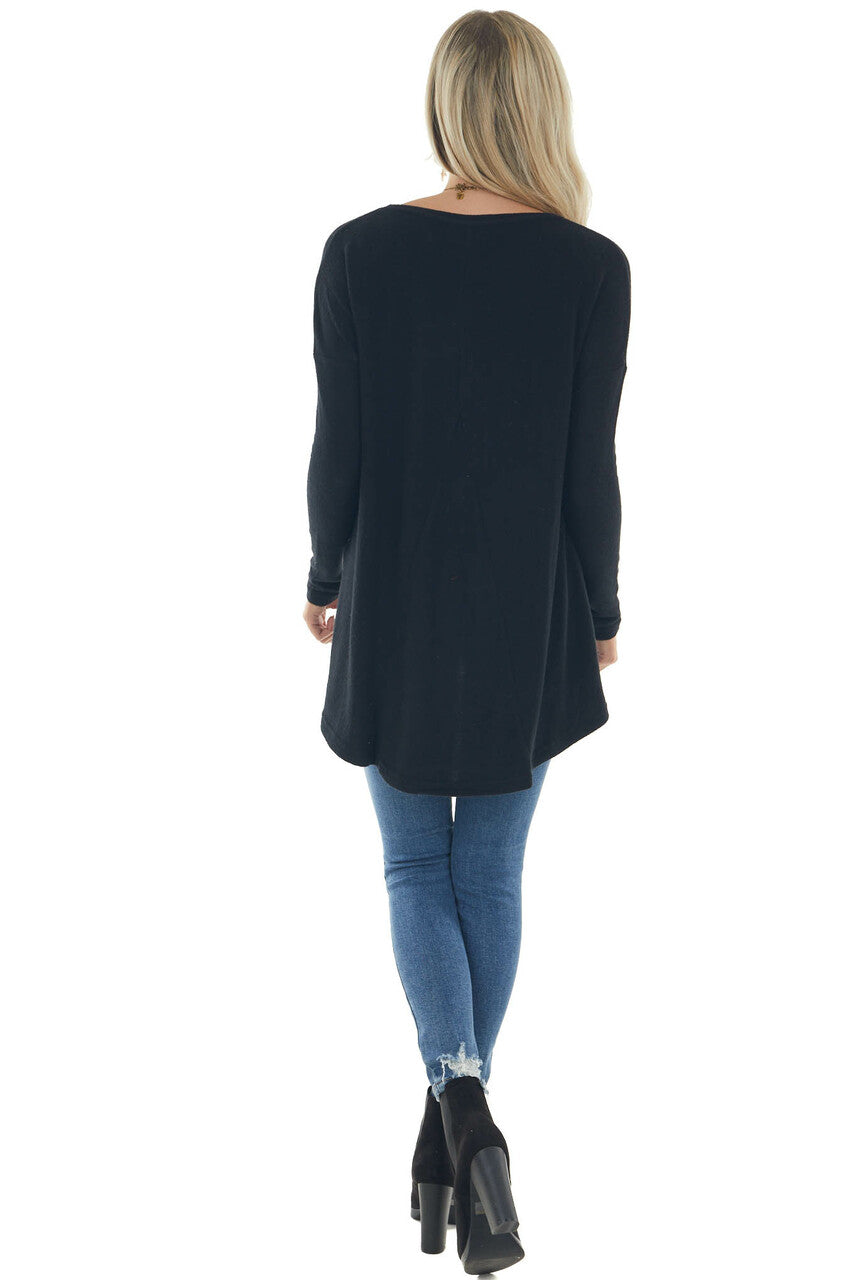 Black Brushed Knit Top with High Low Hemline 
