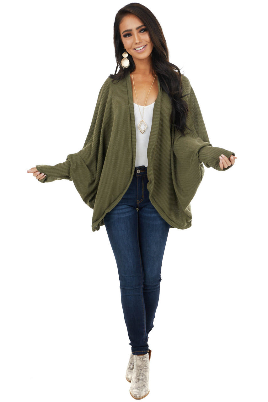 Olive Waffle Knit Open Front Cardigan with Dolman Sleeves