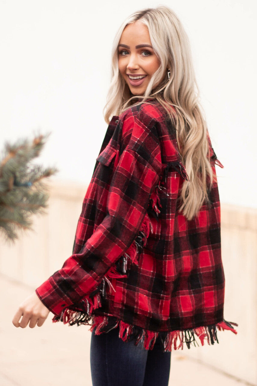 Crimson Plaid Shirt Jacket with Fringe Details