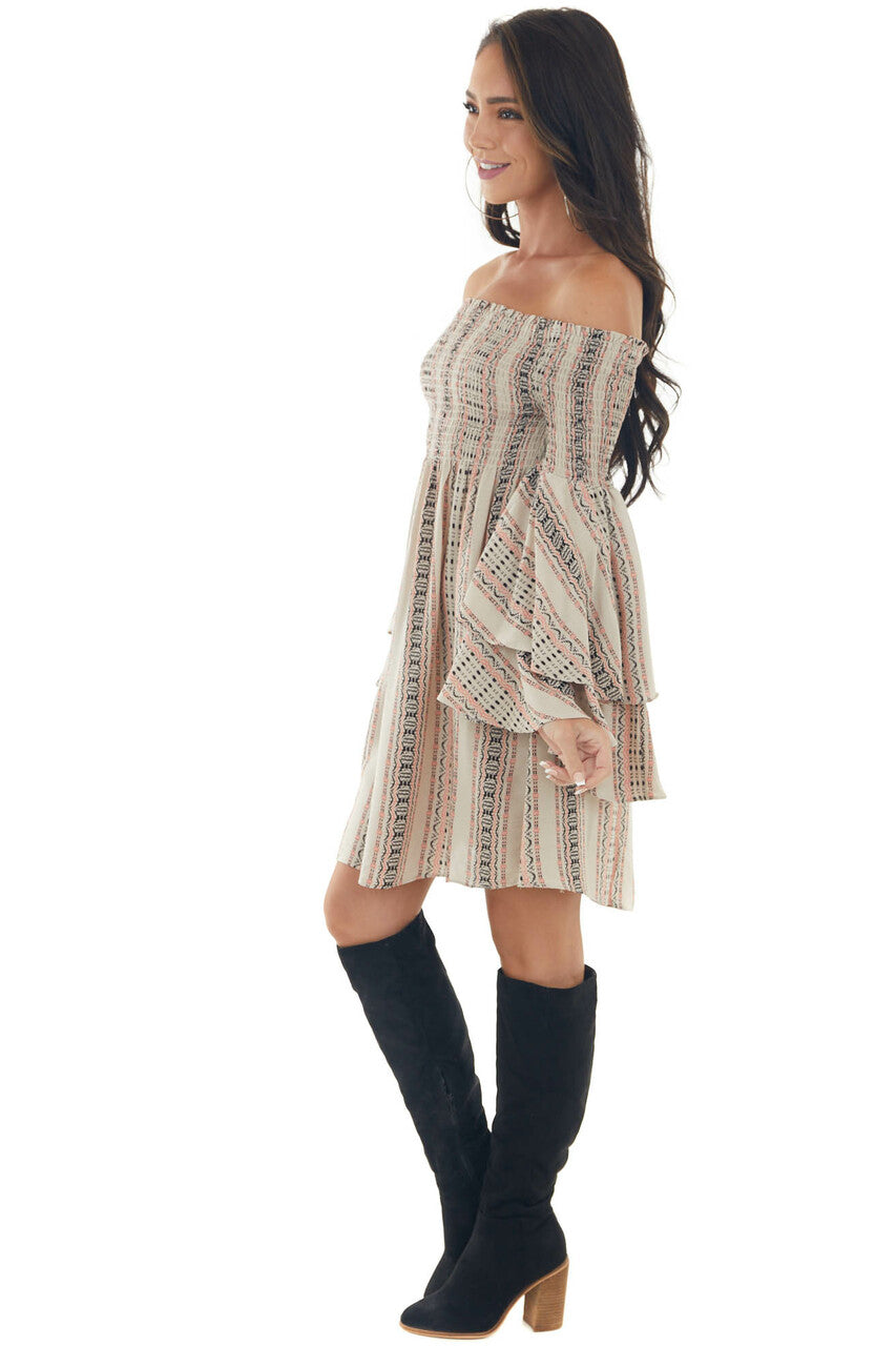 Coral Striped Off the Shoulder Smocked Dress 