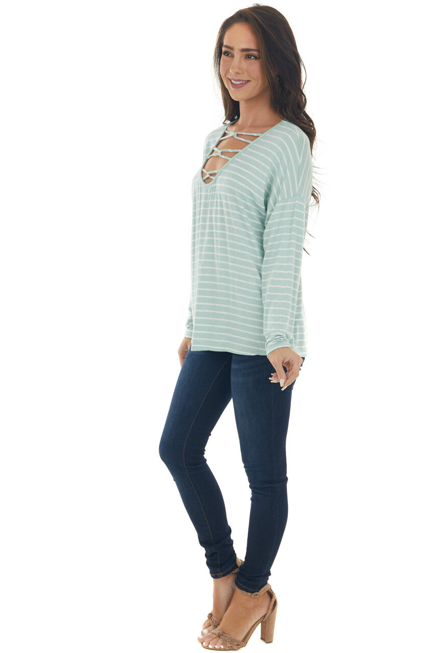Mint Striped Criss Cross Strap Neck Knit Top 