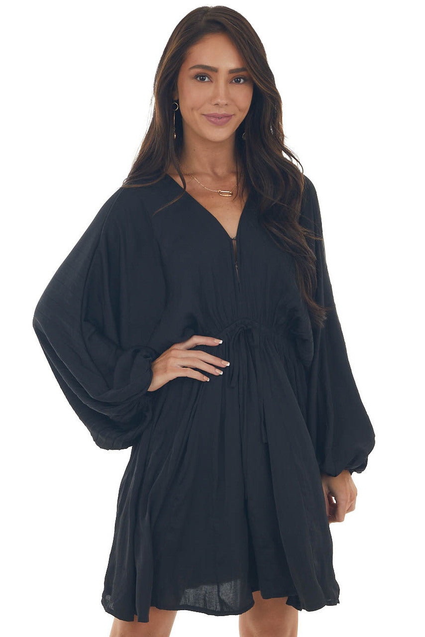 Black Pleated Bubble Sleeve V Neck Short Dress