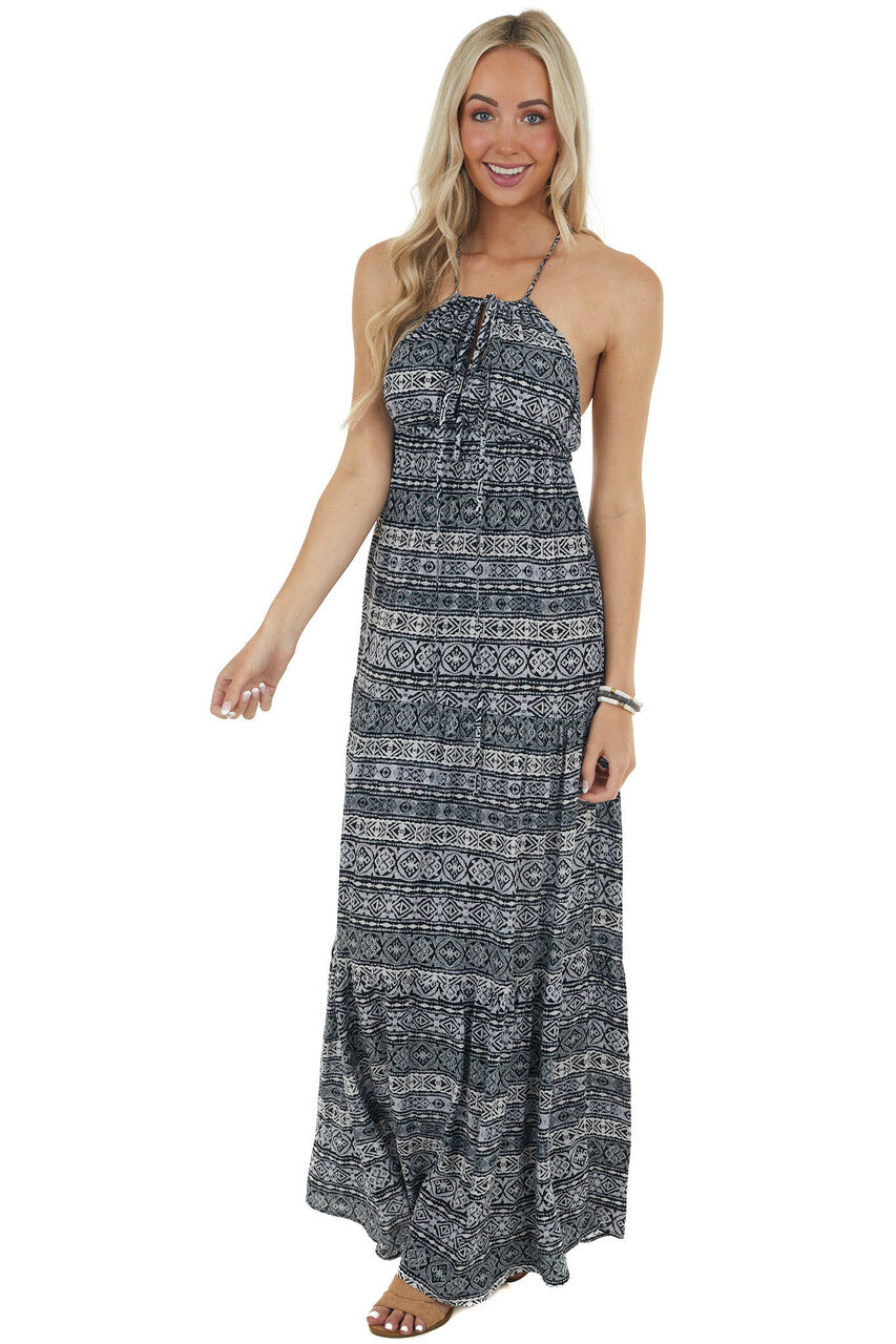 Charcoal and Ivory Abstract Print Maxi Dress 