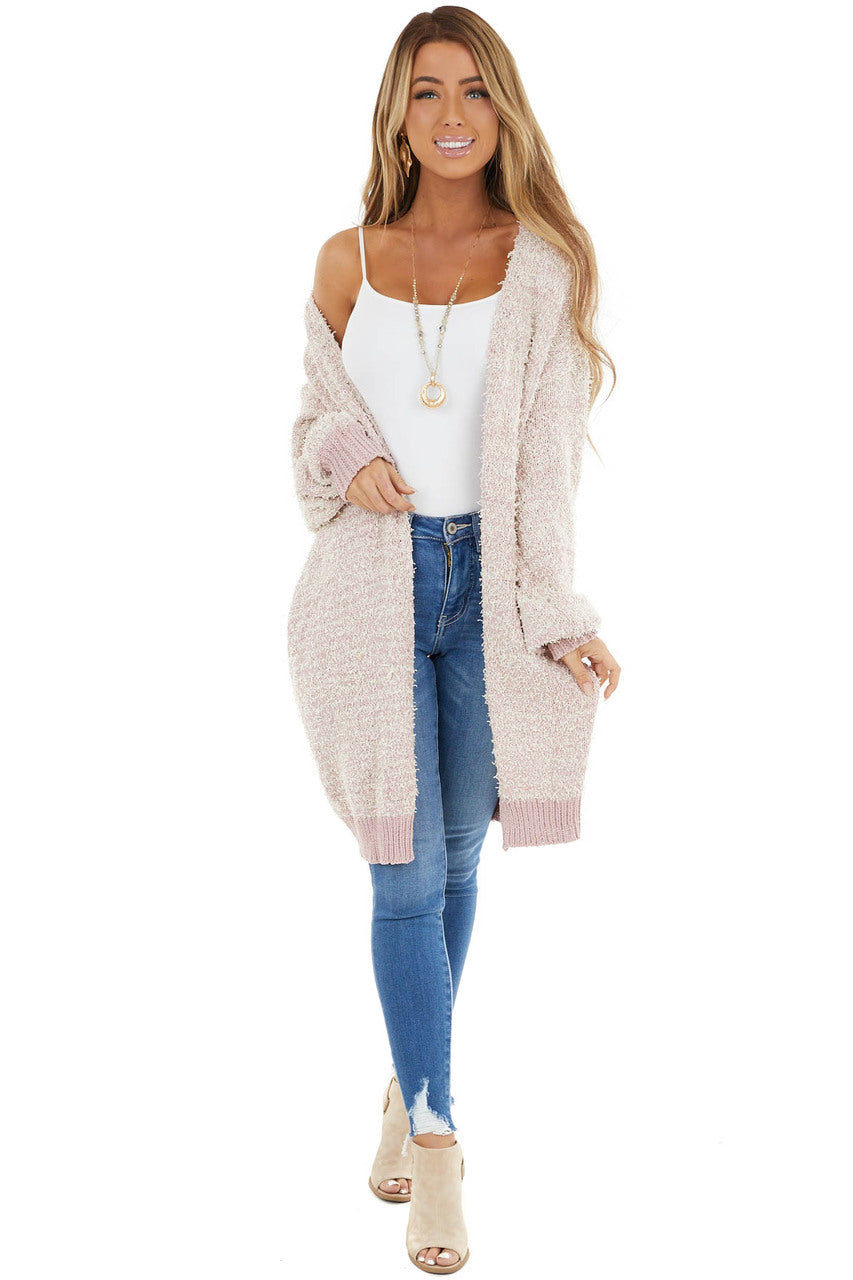 Blush Knit Open Front Cardigan with Pockets and Ribbed Hem