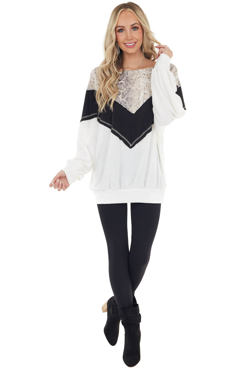 Black and White Long Sleeve Top with Animal Print Contrast
