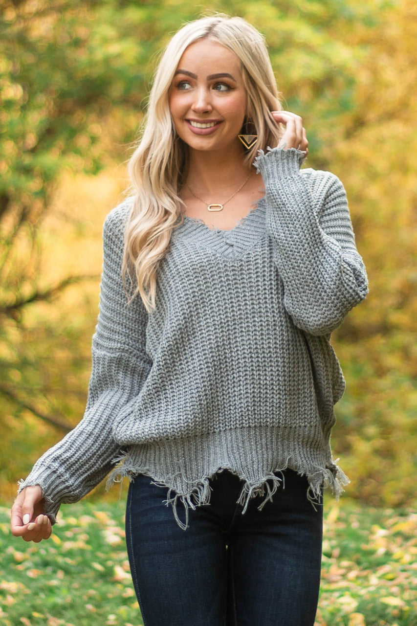 Stone Grey V Neck Sweater with Distressed Detail 