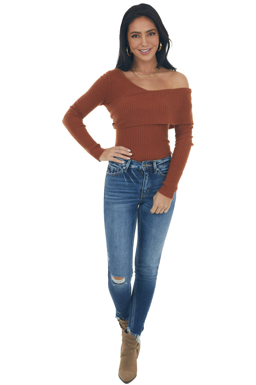 Spice Long Sleeve One Shoulder Ribbed Knit Top