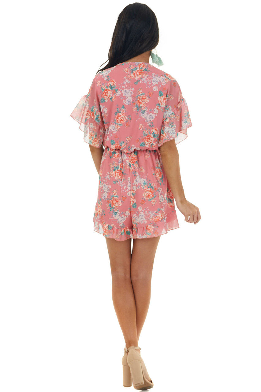 Watermelon Floral Print Surplice Neck Romper