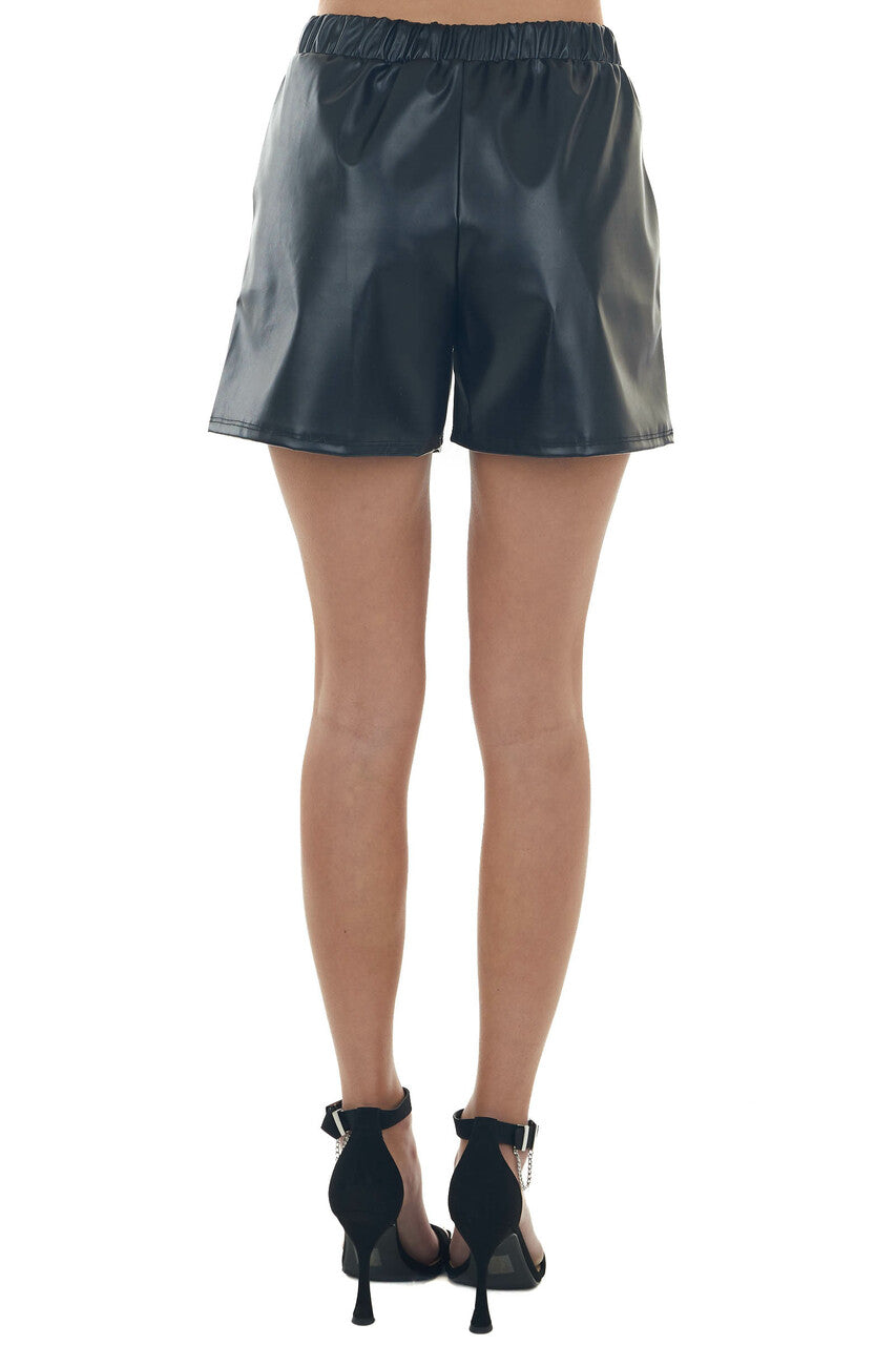 Black Faux Leather Elastic Waistband Shorts 