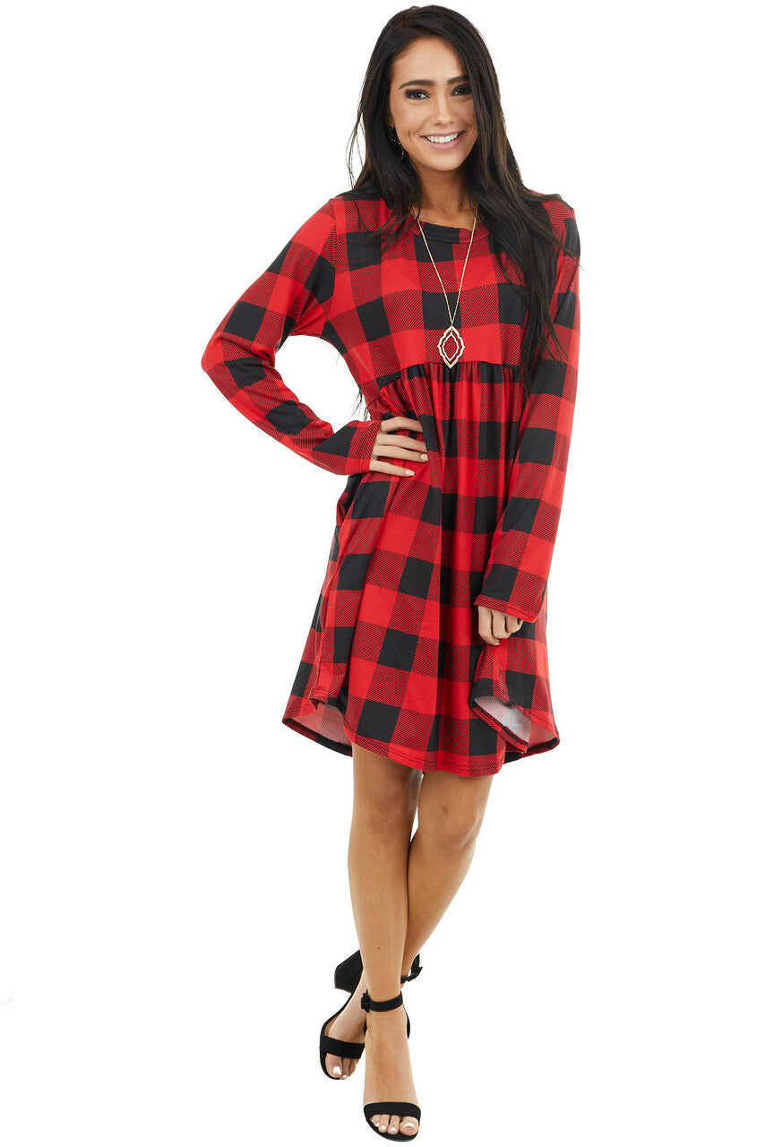 Ruby Red Buffalo Plaid Print Knit Long Sleeve Babydoll Dress