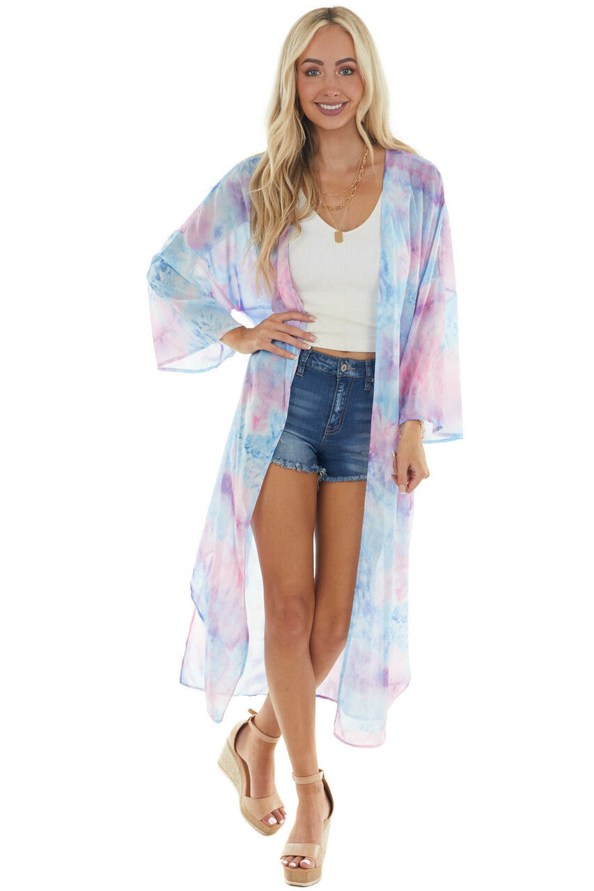 Sky Blue Tie Dye Open Front Chiffon Kimono