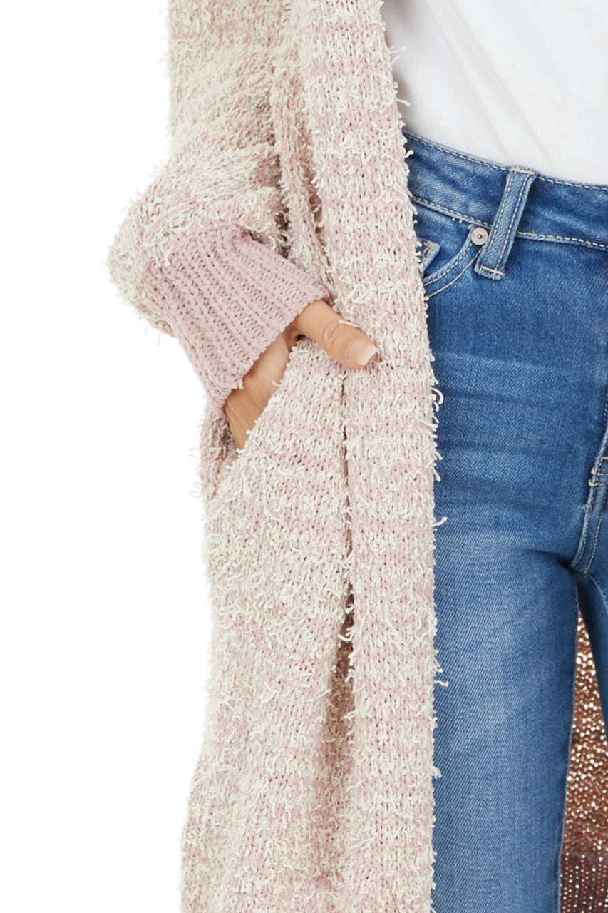 Blush Knit Open Front Cardigan with Pockets and Ribbed Hem
