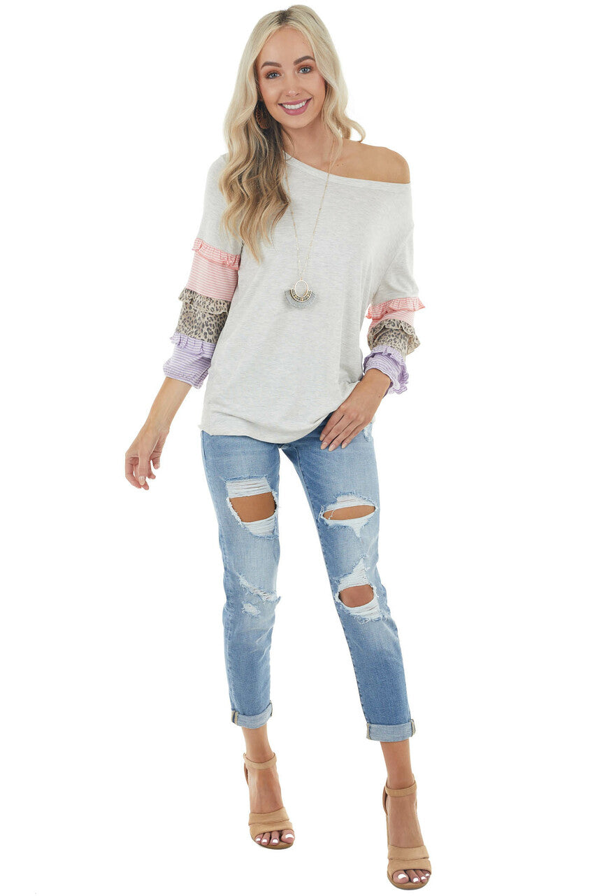 Heathered Dove Grey Knit Top with Multi Pattern Sleeves 