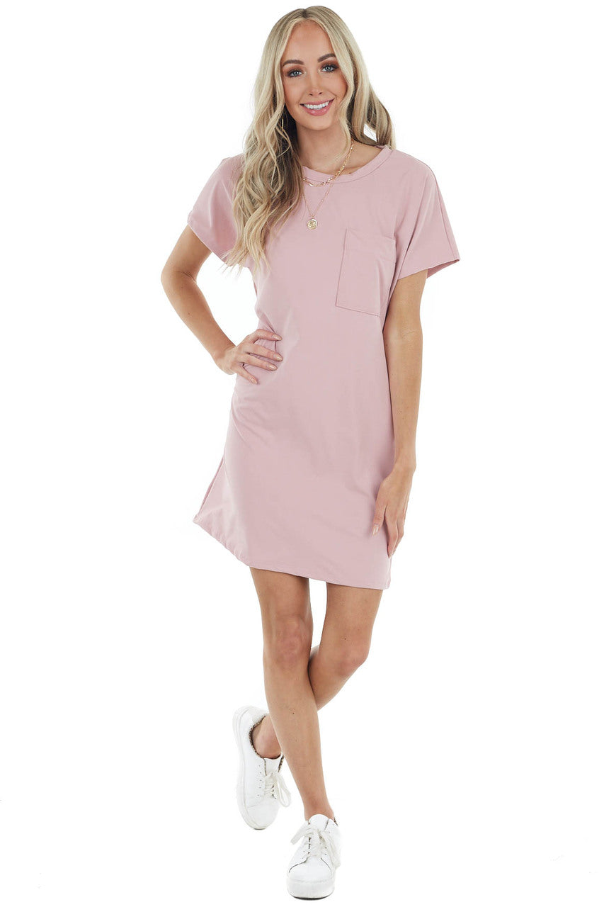 Dusty Blush Short Sleeve Tee Shirt Dress with Front Pocket