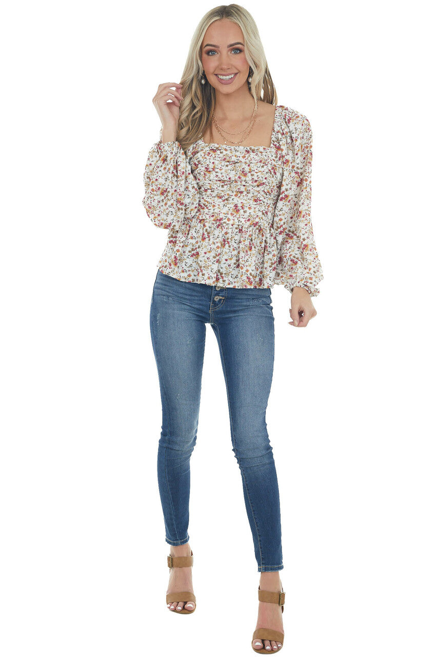 Ivory Floral Print Bubble Sleeve Peplum Blouse