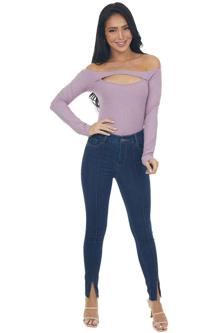 Lilac Off the Shoulder Ribbed Knit Top with Cut Out Detail