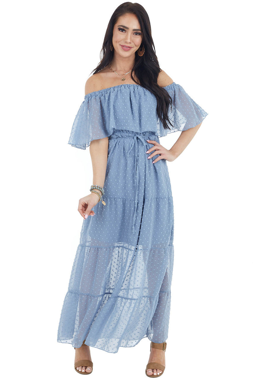 Slate Blue Swiss Dot Ruffled Off the Shoulder Maxi Dress
