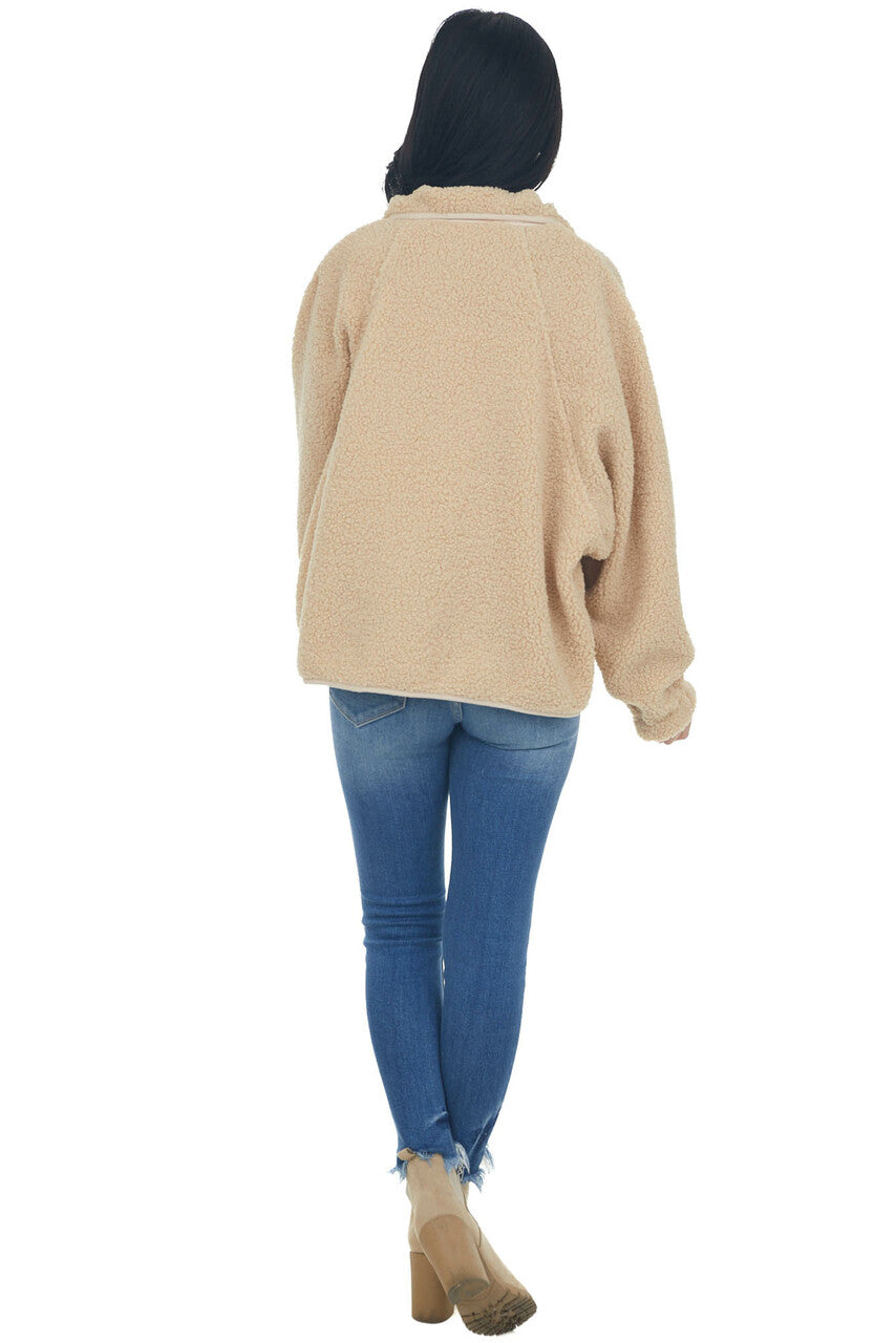 Camel High Neck Button Down Sherpa Jacket