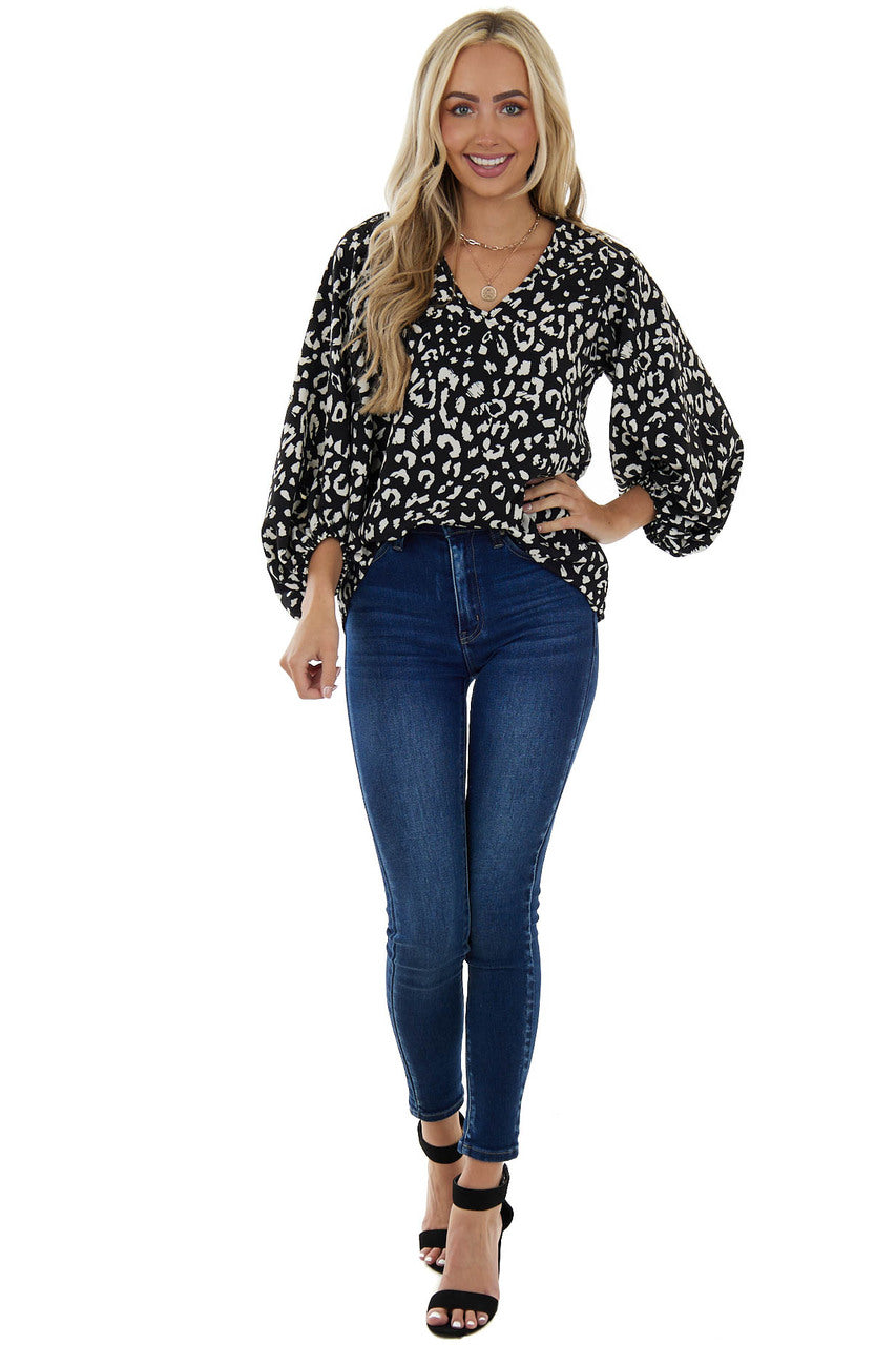 Black Leopard Print V Neck 3/4 Sleeve Blouse