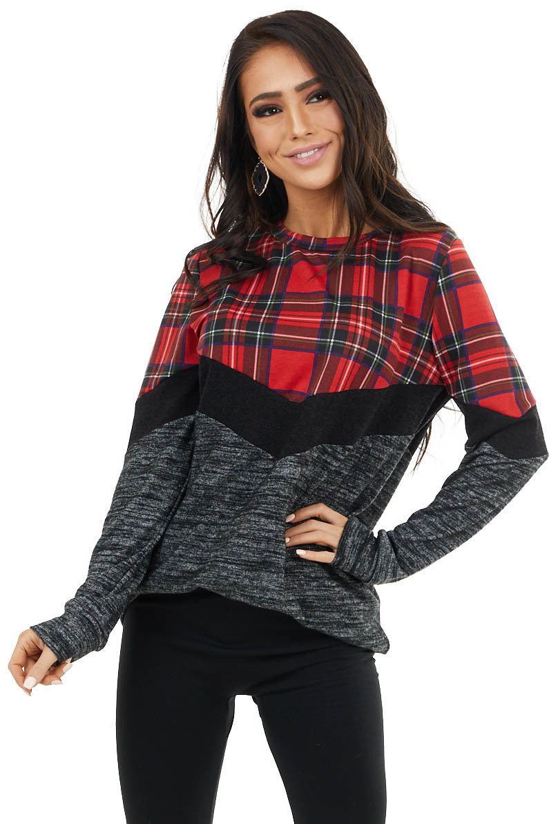 Lipstick Red Plaid and Colorblock Long Sleeve Top