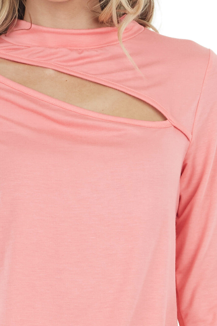 Coral Chest Cut Out Stretchy Knit Top with Long Sleeves
