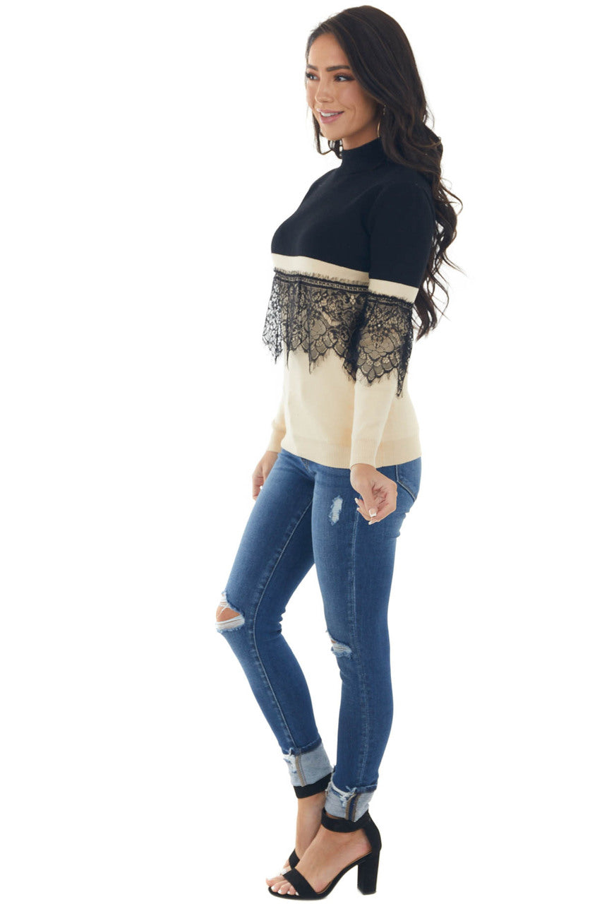 Black and Rich Beige Mock Neck Knit Sweater 