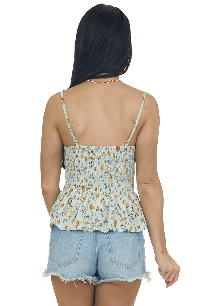 Pastel Blue Floral Print Smocked Tank Top 