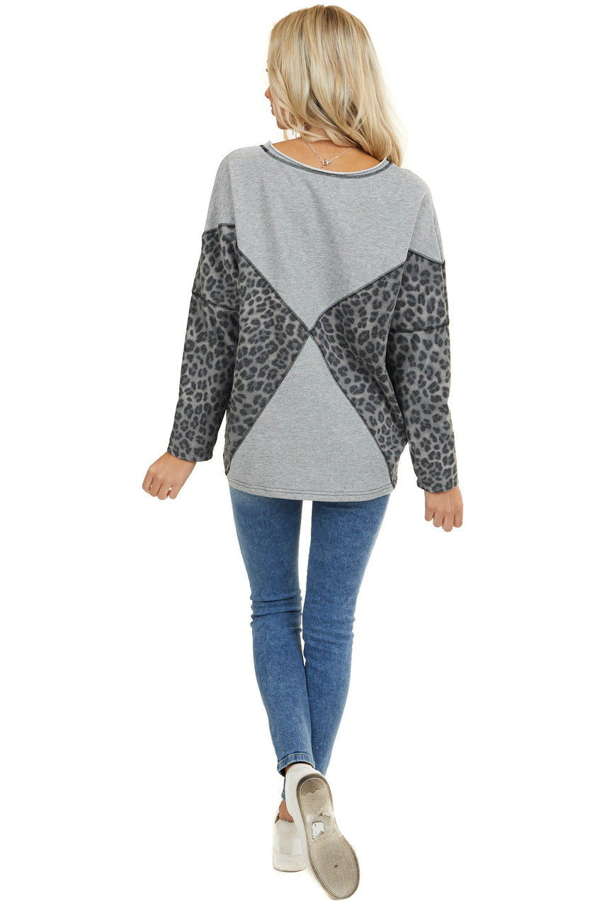 Heather Grey and Leopard Print Long Sleeve Sweater Top 