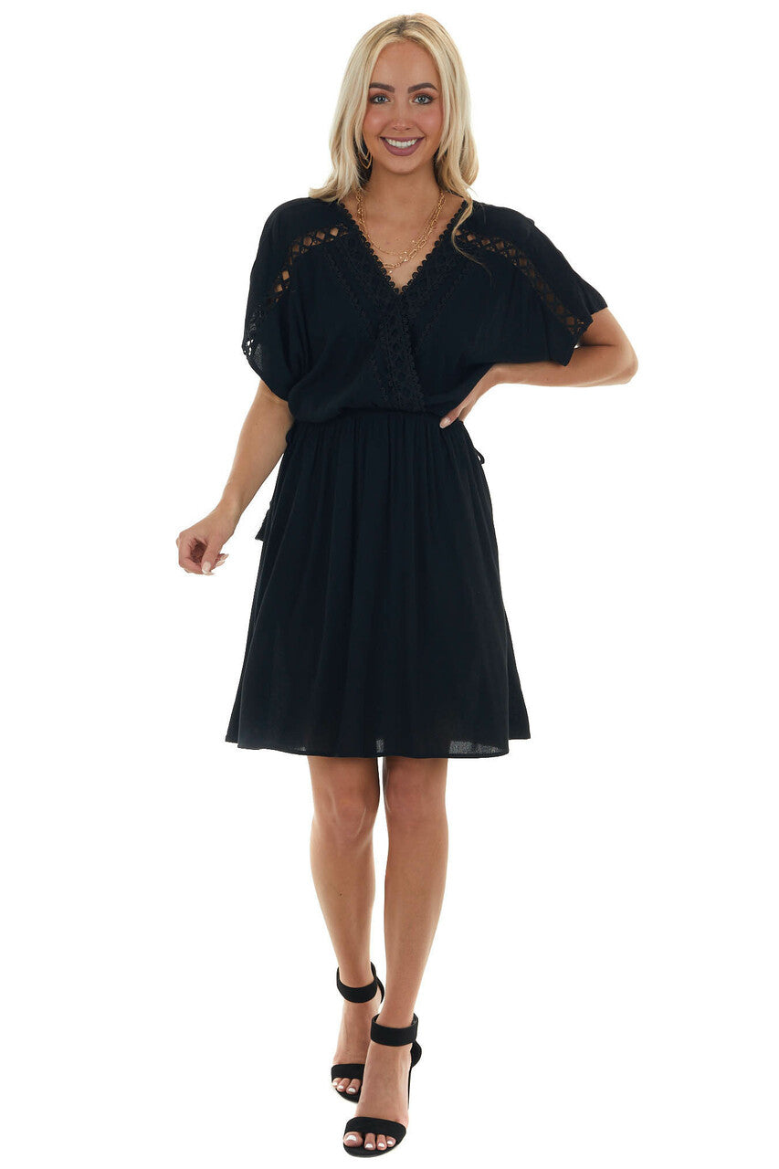 Black Crochet Lace Short Sleeve Surplice Dress