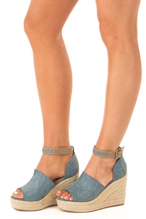 Denim Open Toed Espadrille Wedge with Ankle Strap side view