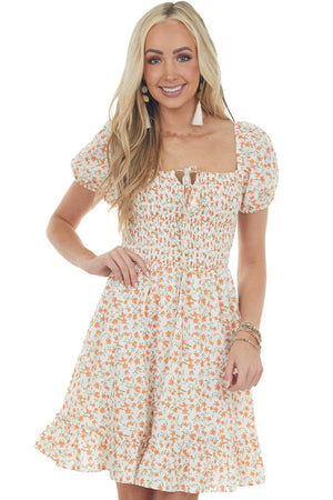 Ivory and Sunset Floral Smocked Short Dress