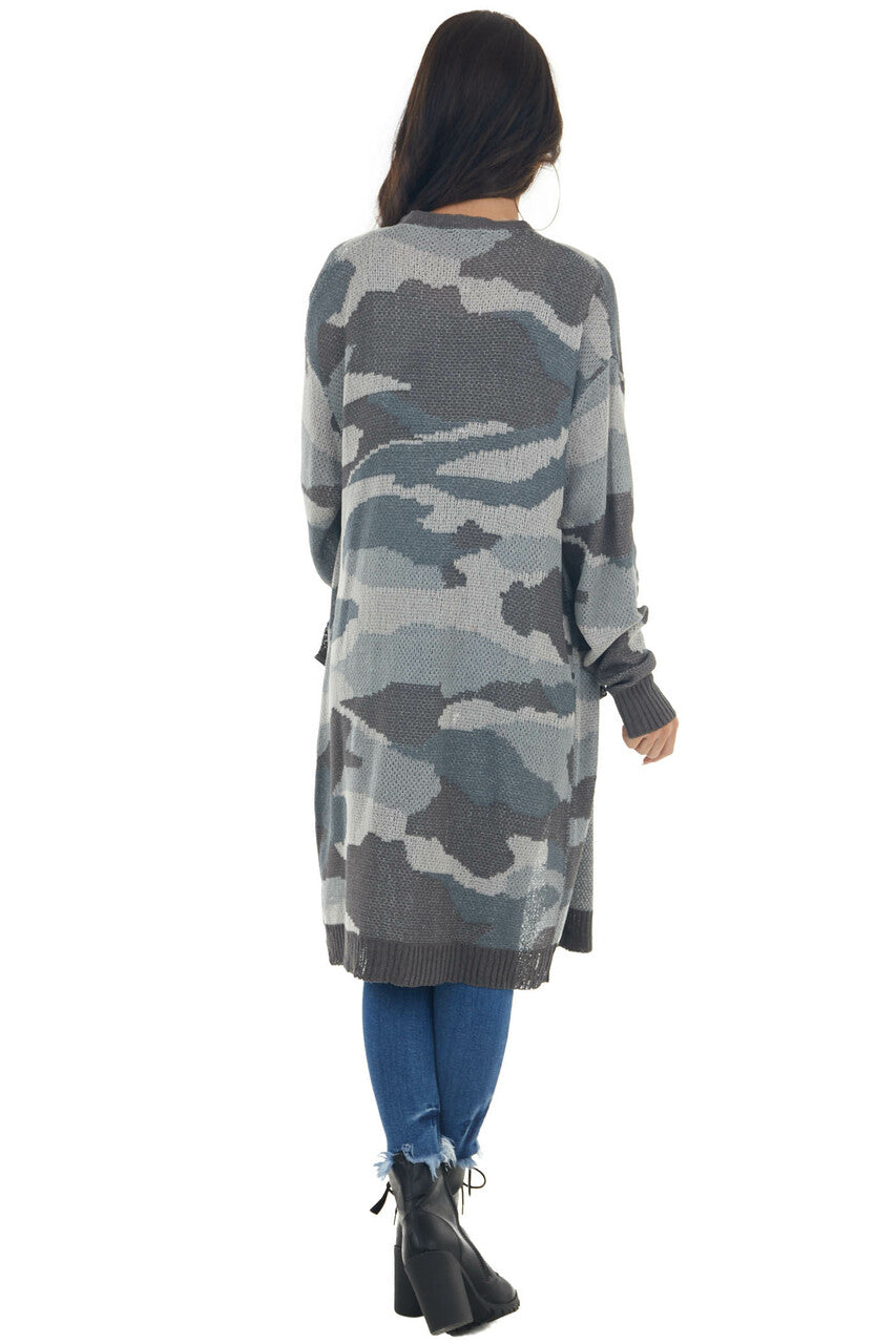 Steel Grey Camo Print Stretchy Knit Cardigan 