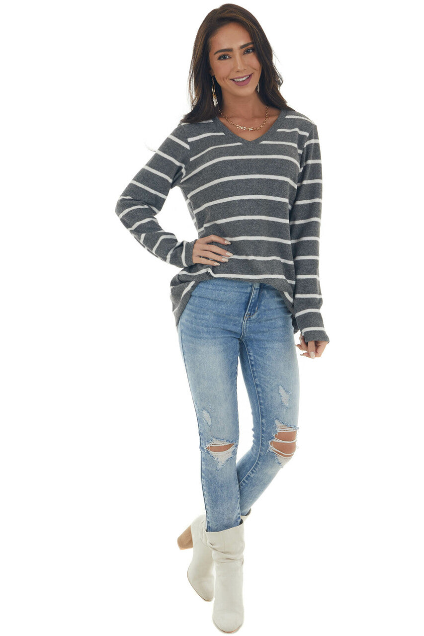 Graphite Striped Brushed Knit V Neckline Top 