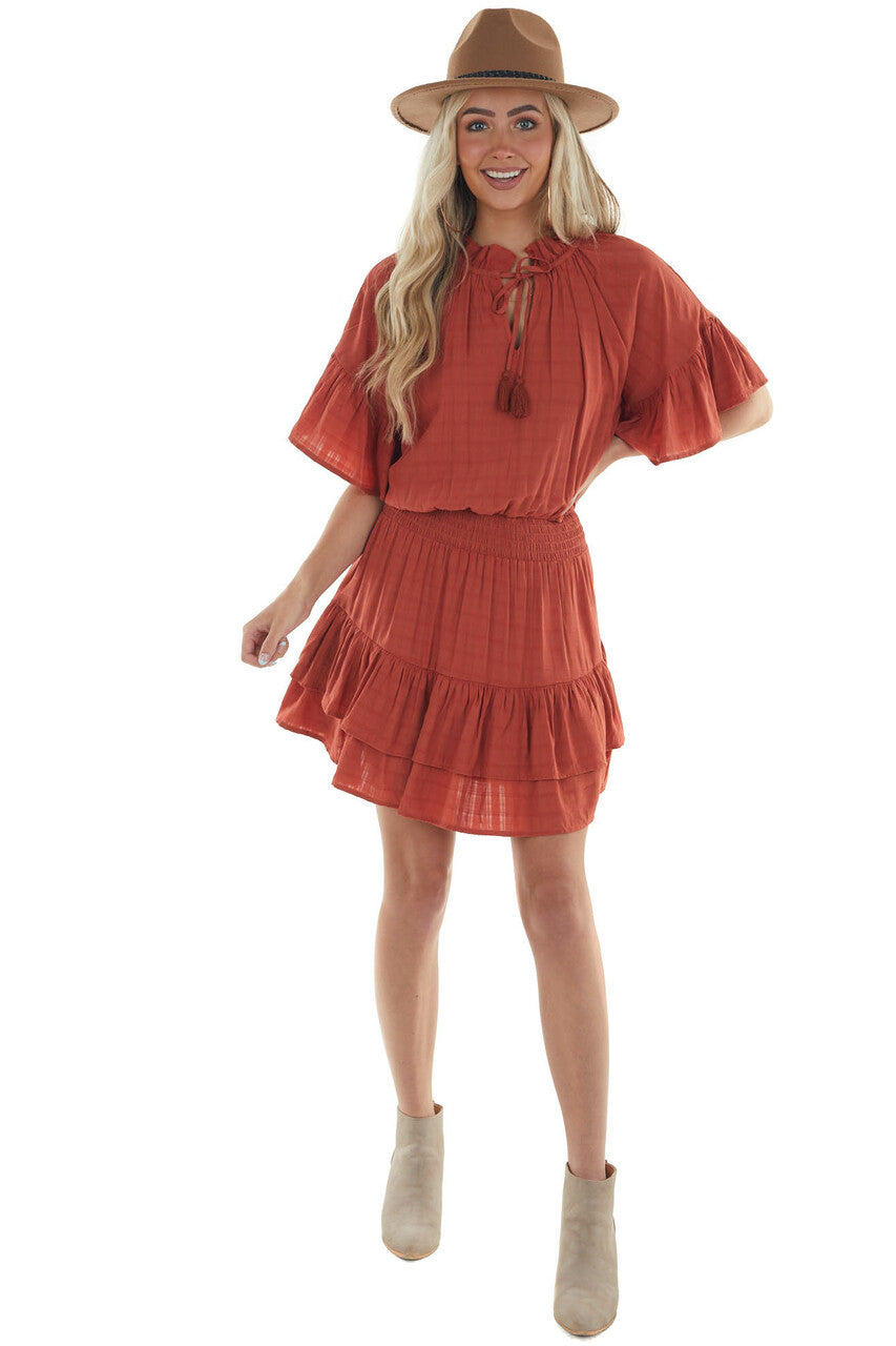 Brick Linen Ruffle Dress with Notch Neckline 