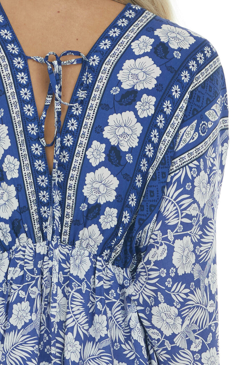 Royal Blue Tropical 3/4 Sleeve Back Tie Dress