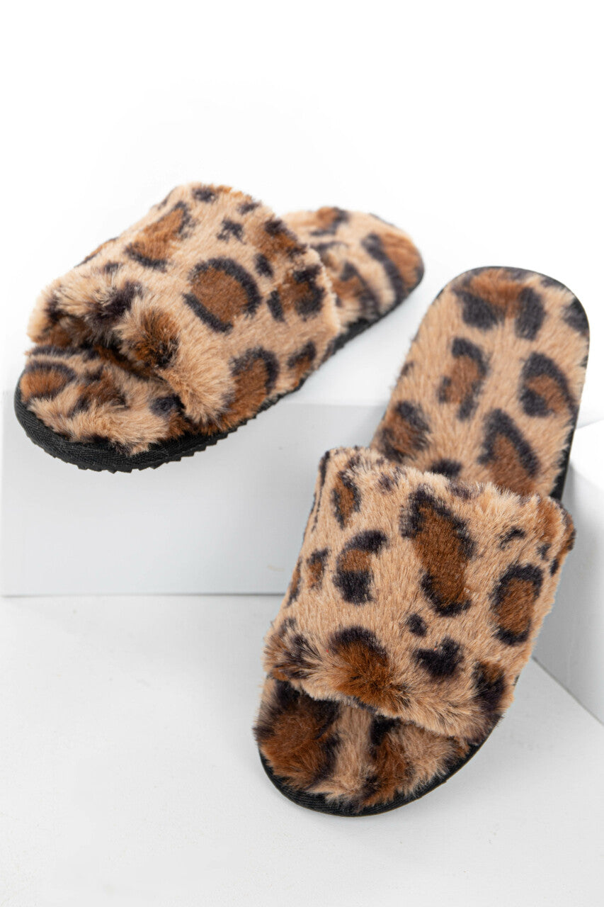 Leopard Print Fuzzy Faux Fur Slipper with Foam Sole 