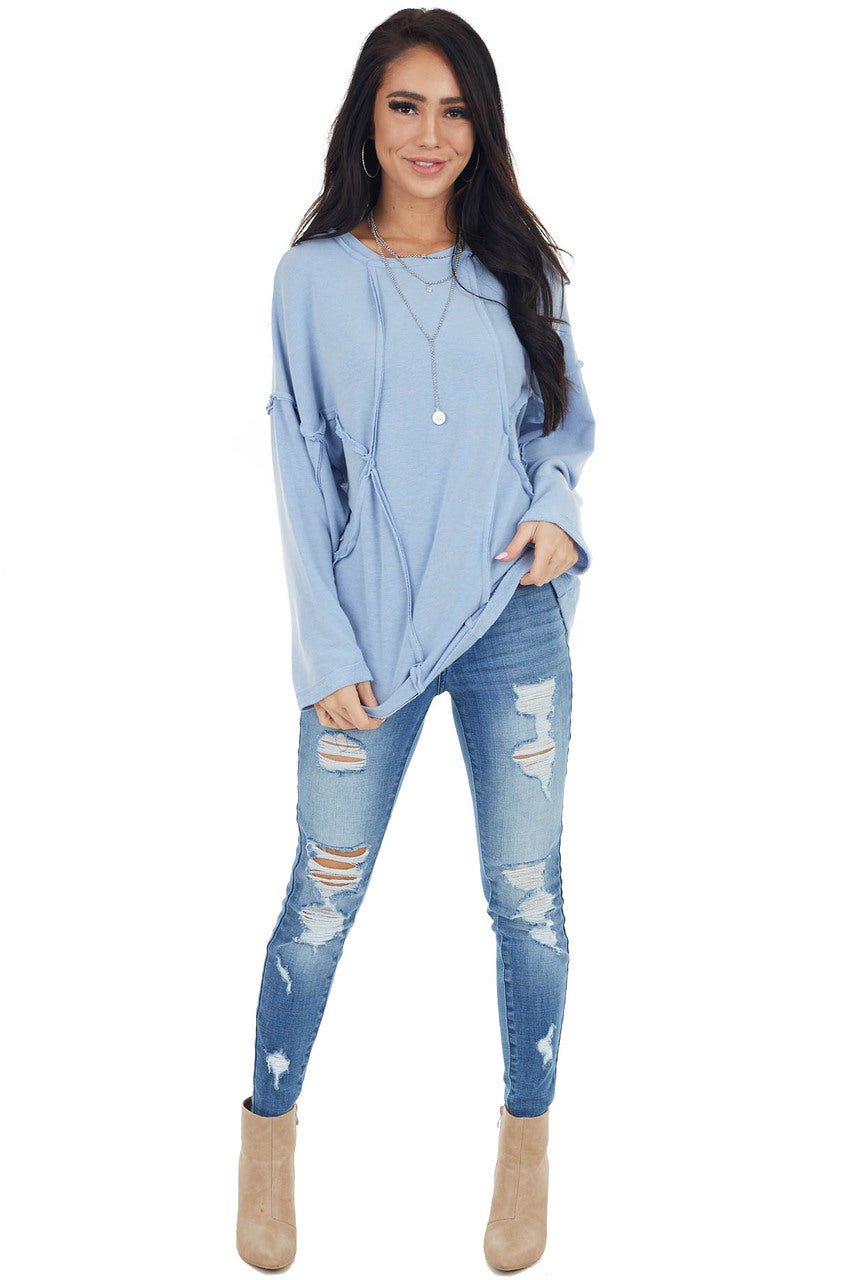 Powder Blue French Terry Knit Top with Raw Edge Details