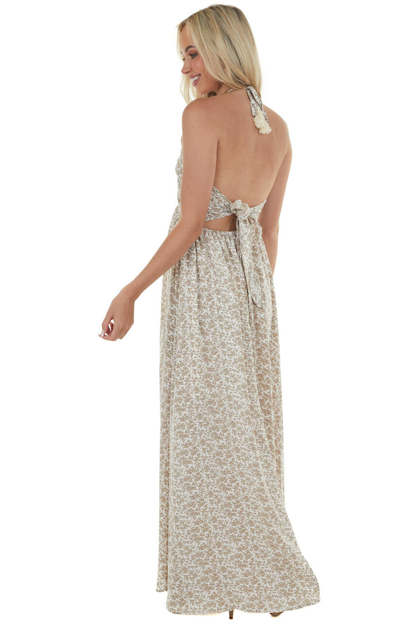 Vanilla Ditsy Floral Halter Tie Maxi Dress