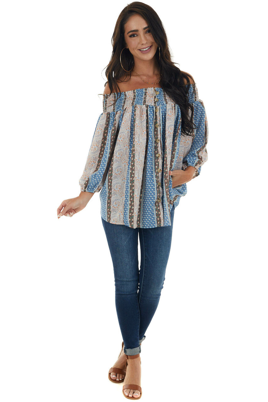 Dusty Blue Printed Smocked Off Shoulder Blouse